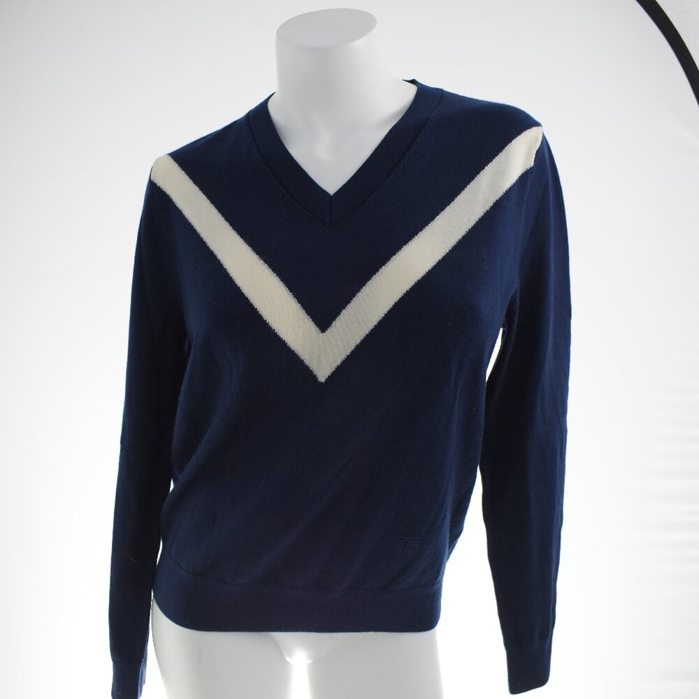 Tory Sport Performance V-Neck Sweater Navy Blue w/ White V - Size M